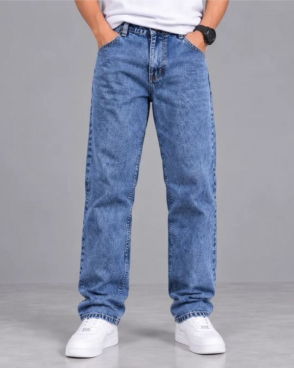Blue Embroidered Baggy Mom-Fit Denim Jeans